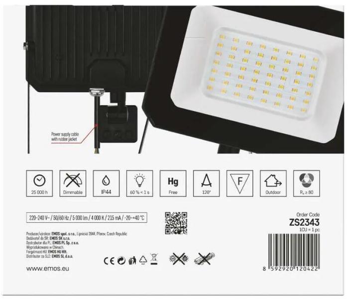 EMOS SIMPO ZS2343 LED-Reflektor mit Bewegungssensor, schwarz, 50W, 5000lm, neutralweiß (1531234300)