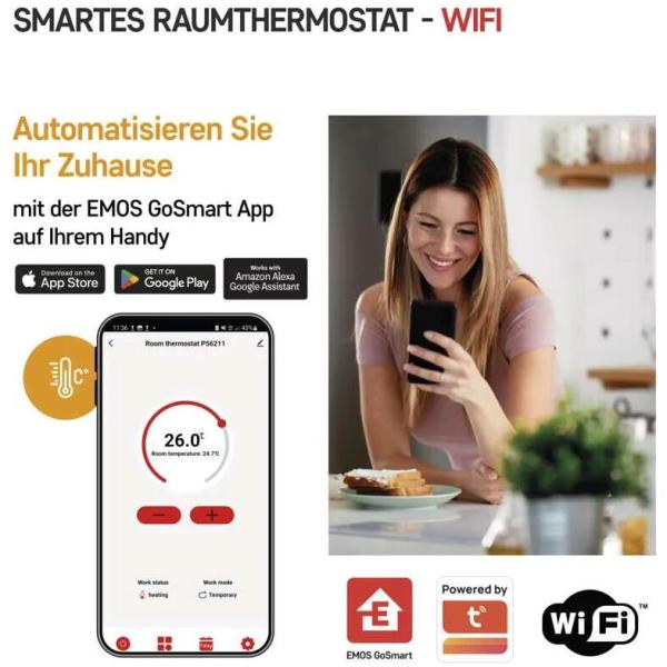 EMOS P56211 GoSmart Raumthermostat mit WiFi, programmierbar, kabellos, weiß (2101900001)