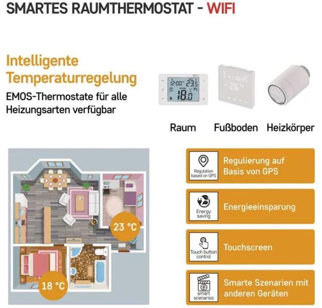 EMOS P56211 GoSmart Raumthermostat mit WiFi, programmierbar, kabellos, weiß (2101900001)