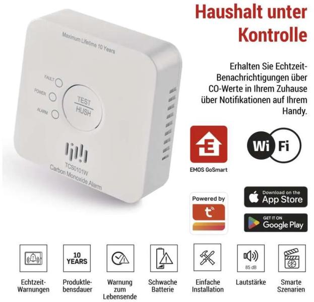 EMOS TCS0101W P56400S GoSmart CO Melder mit WiFi, weiß (2104105000)