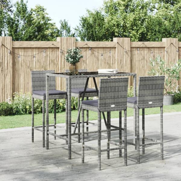 ARDEBO.de - 5-tlg. Gartenbar-Set mit Kissen Grau Poly Rattan