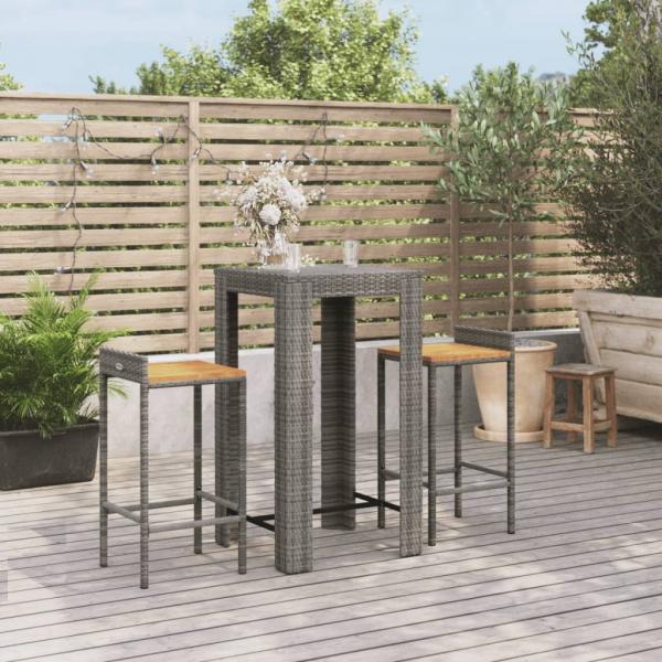 ARDEBO.de - 3-tlg. Gartenbar-Set Grau Poly Rattan & Massivholz Akazie