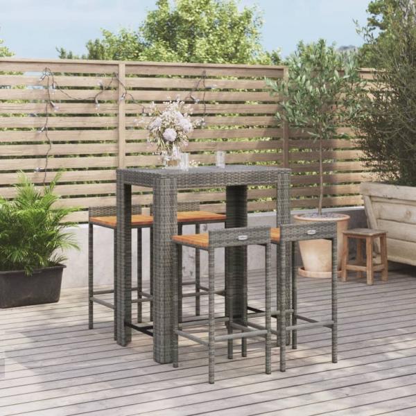 ARDEBO.de - 5-tlg. Gartenbar-Set Grau Poly Rattan & Massivholz Akazie