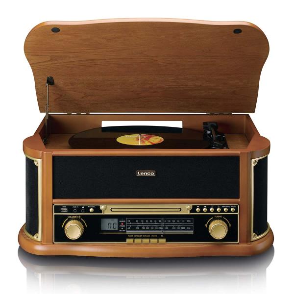 Retro-Plattenspieler aus Holz mit Bluetooth®, AM/FM-Radio, USB-Codierung, CD-Player, Kassettenspieler und eingebauten Lautsprechern