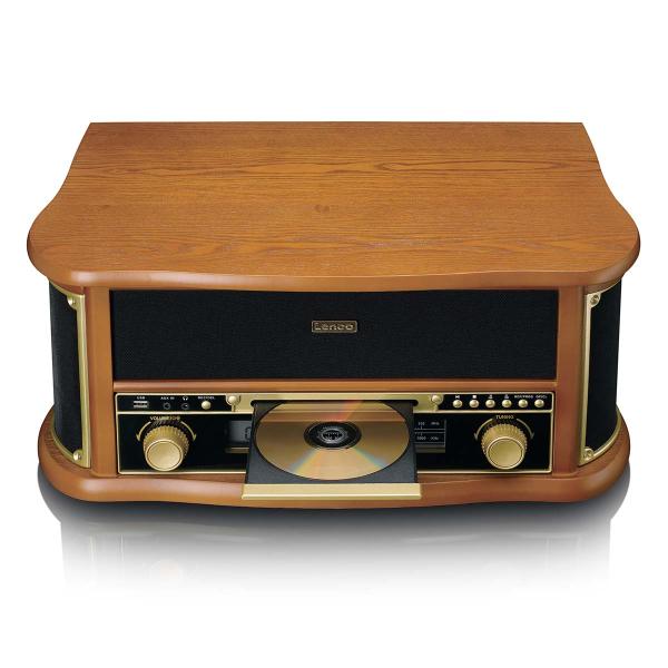 Retro-Plattenspieler aus Holz mit Bluetooth®, AM/FM-Radio, USB-Codierung, CD-Player, Kassettenspieler und eingebauten Lautsprechern