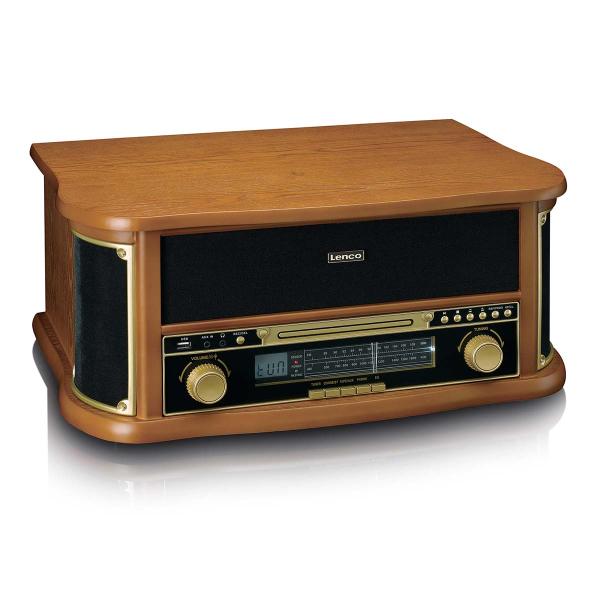 Retro-Plattenspieler aus Holz mit Bluetooth®, AM/FM-Radio, USB-Codierung, CD-Player, Kassettenspieler und eingebauten Lautsprechern