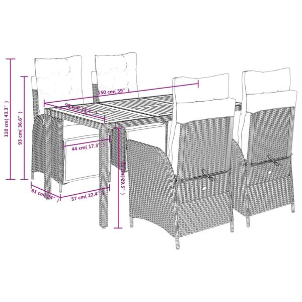 5-tlg. Garten-Essgruppe mit Kissen Schwarz Poly Rattan