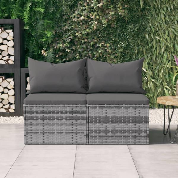 ARDEBO.de - Garten-Mittelsofas mit Kissen 2 Stk. Grau Poly Rattan