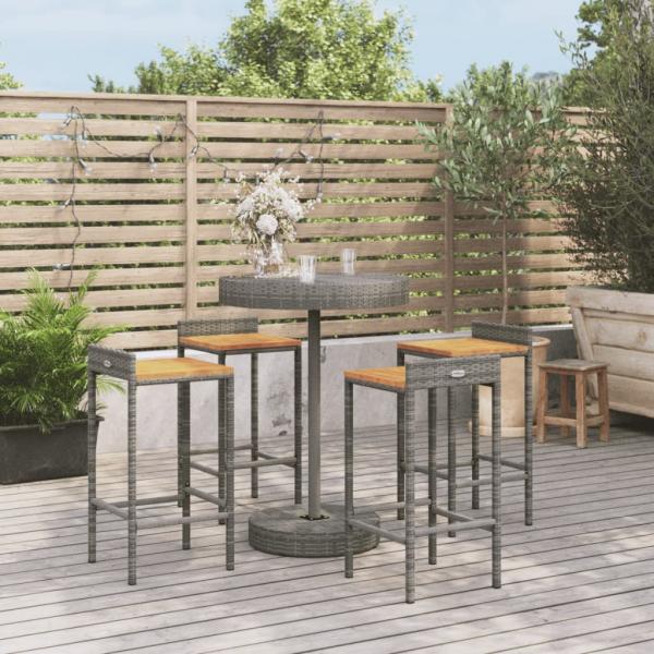 ARDEBO.de - 5-tlg. Gartenbar-Set Grau Poly Rattan & Massivholz Akazie