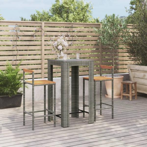 ARDEBO.de - 3-tlg. Gartenbar-Set Grau Poly Rattan & Massivholz Akazie