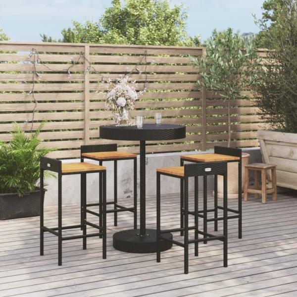 ARDEBO.de - 5-tlg. Gartenbar-Set Schwarz Poly Rattan & Massivholz Akazie