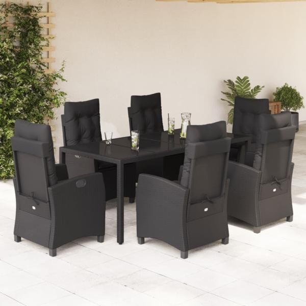 ARDEBO.de - 7-tlg. Garten-Essgruppe mit Kissen Schwarz Poly Rattan