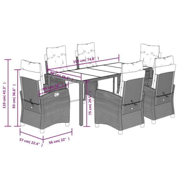 7-tlg. Garten-Essgruppe mit Kissen Schwarz Poly Rattan