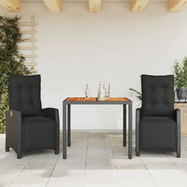 ARDEBO.de - 3-tlg. Garten-Essgruppe mit Kissen Schwarz Poly Rattan