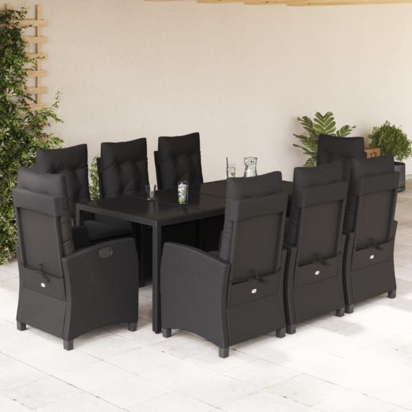 ARDEBO.de - 9-tlg. Garten-Essgruppe mit Kissen Schwarz Poly Rattan