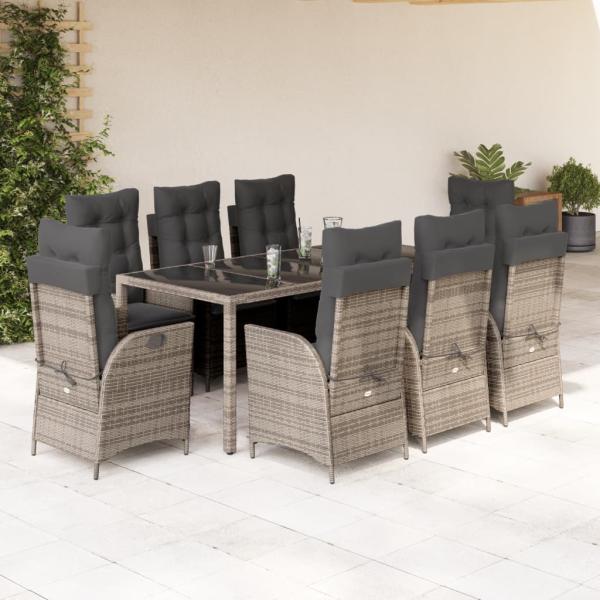 ARDEBO.de - 9-tlg. Garten-Essgruppe mit Kissen Grau Poly Rattan