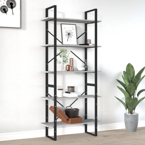 ARDEBO.de - Bücherregal 5 Fächer Grau Sonoma-Eiche 80x30x175 Holzwerkstoff