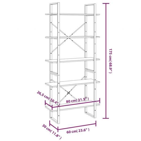 Bücherregal 5 Fächer Grau Sonoma-Eiche 80x30x175 Holzwerkstoff