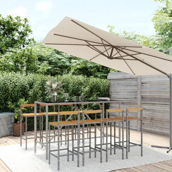 ARDEBO.de - 9-tlg. Gartenbar-Set Grau Poly Rattan & Massivholz Akazie