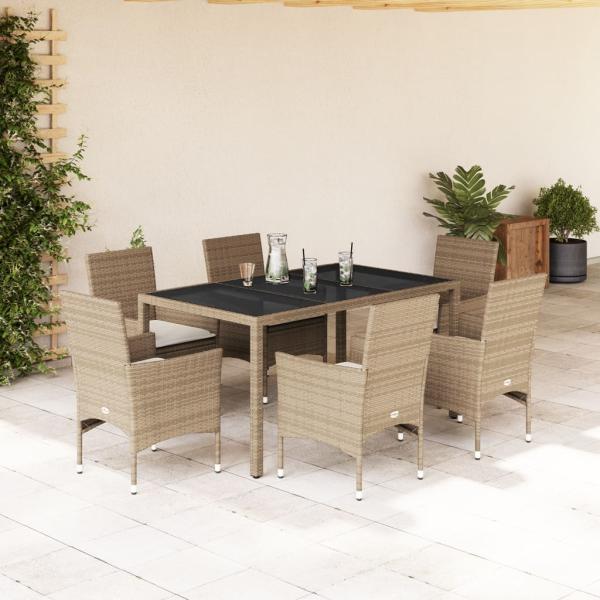 ARDEBO.de - 7-tlg. Garten-Essgruppe mit Kissen Beige Poly Rattan und Glas