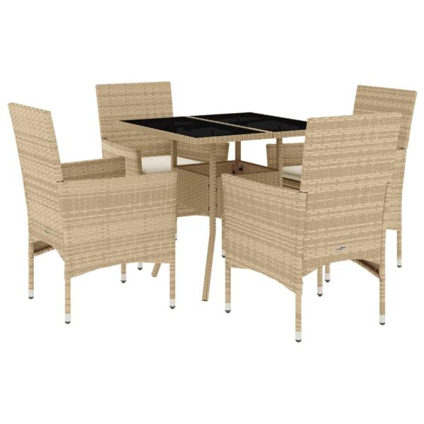 5-tlg. Garten-Essgruppe mit Kissen Beige Poly Rattan und Glas