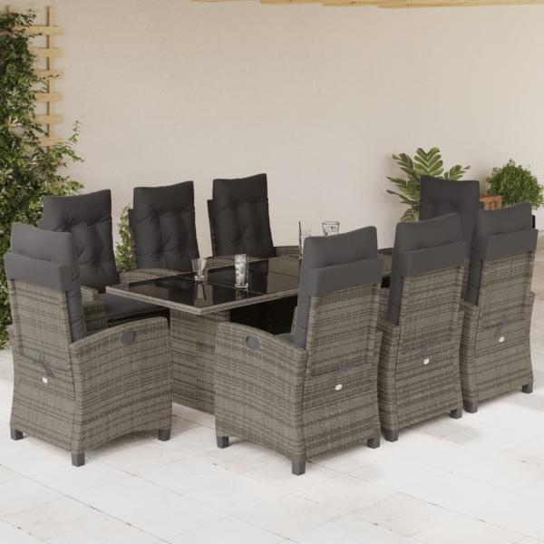 ARDEBO.de - 9-tlg. Garten-Essgruppe mit Kissen Grau Poly Rattan