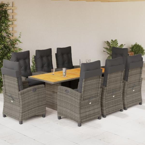 ARDEBO.de - 9-tlg. Garten-Essgruppe mit Kissen Grau Poly Rattan