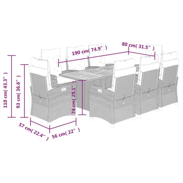 9-tlg. Garten-Essgruppe mit Kissen Grau Poly Rattan