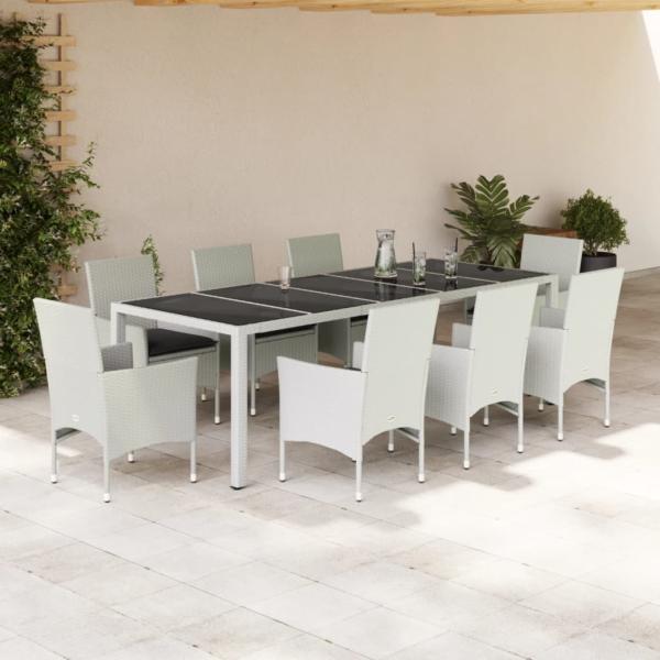 ARDEBO.de - 9-tlg. Garten-Essgruppe mit Kissen Weiß Poly Rattan und Glas