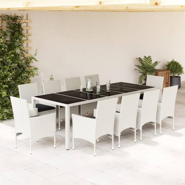 ARDEBO.de - 11-tlg. Garten-Essgruppe mit Kissen Weiß Poly Rattan und Glas