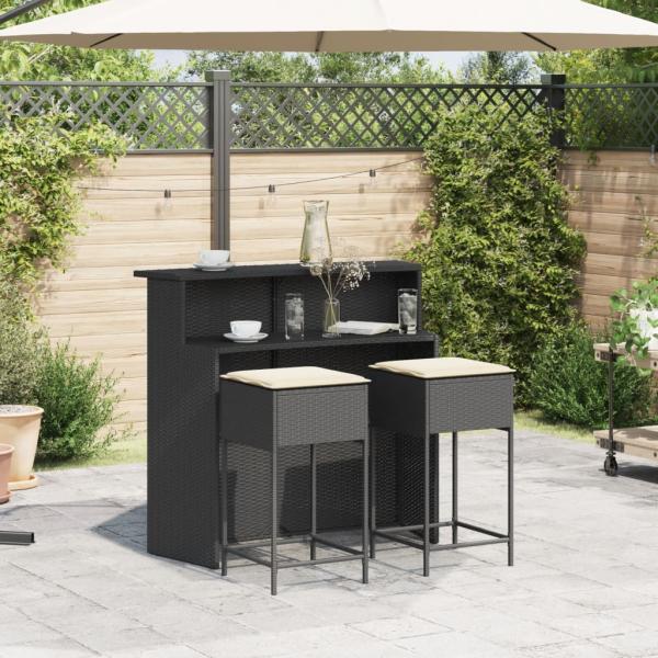 3-tlg. Gartenbar-Set mit Kissen Schwarz Poly Rattan