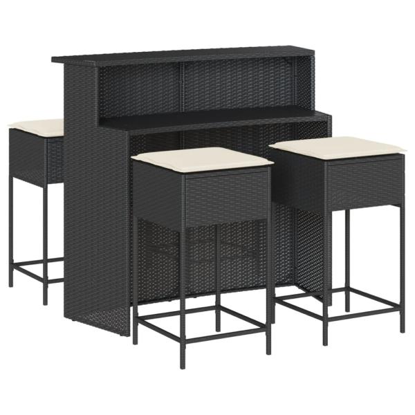 5-tlg. Gartenbar-Set mit Kissen Schwarz Poly Rattan