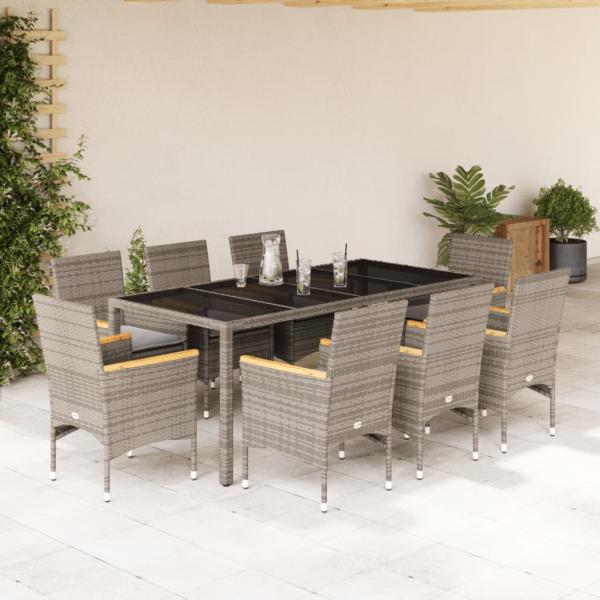 ARDEBO.de - 9-tlg. Garten-Essgruppe mit Kissen Grau Poly Rattan und Glas