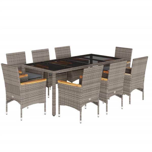 9-tlg. Garten-Essgruppe mit Kissen Grau Poly Rattan und Glas