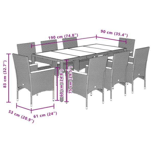 9-tlg. Garten-Essgruppe mit Kissen Grau Poly Rattan und Glas