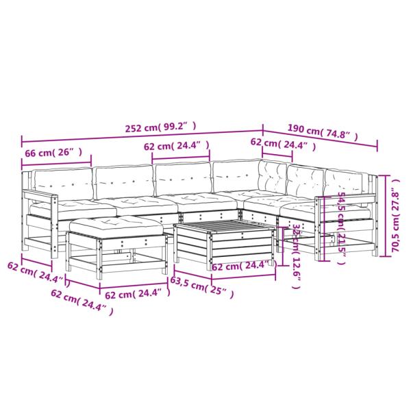 8-tlg. Garten-Lounge-Set mit Kissen Massivholz Kiefer