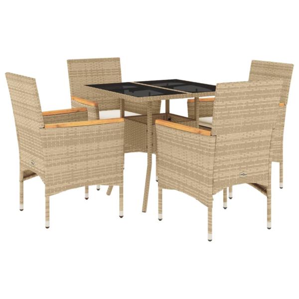 5-tlg. Garten-Essgruppe mit Kissen Beige Poly Rattan und Glas