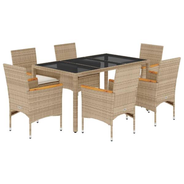 7-tlg. Garten-Essgruppe mit Kissen Beige Poly Rattan und Glas