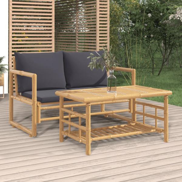 ARDEBO.de - 2-tlg. Garten-Lounge-Set mit Dunkelgrauen Kissen Bambus