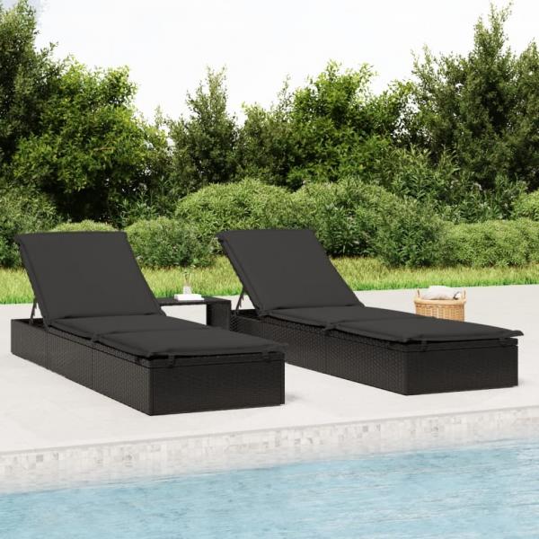 ARDEBO.de - Sonnenliegen 2 Stk. mit Tisch Schwarz Poly Rattan