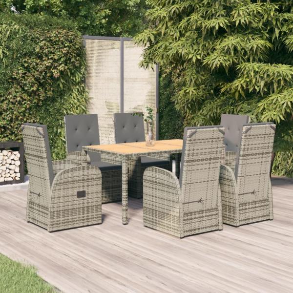 ARDEBO.de - 7-tlg. Garten-Essgruppe mit Kissen Grau Poly Rattan