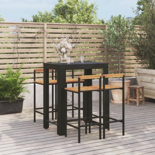 ARDEBO.de - 5-tlg. Gartenbar-Set Schwarz Poly Rattan & Massivholz Akazie