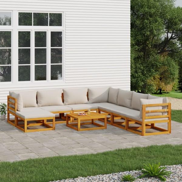 ARDEBO.de - 9-tlg. Garten-Lounge-Set mit Hellgrauen Kissen Massivholz