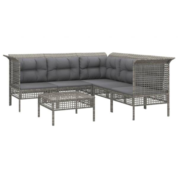 6-tlg. Garten-Lounge-Set mit Kissen Grau Poly Rattan