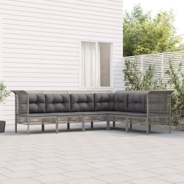 ARDEBO.de - 6-tlg. Garten-Lounge-Set mit Kissen Grau Poly Rattan