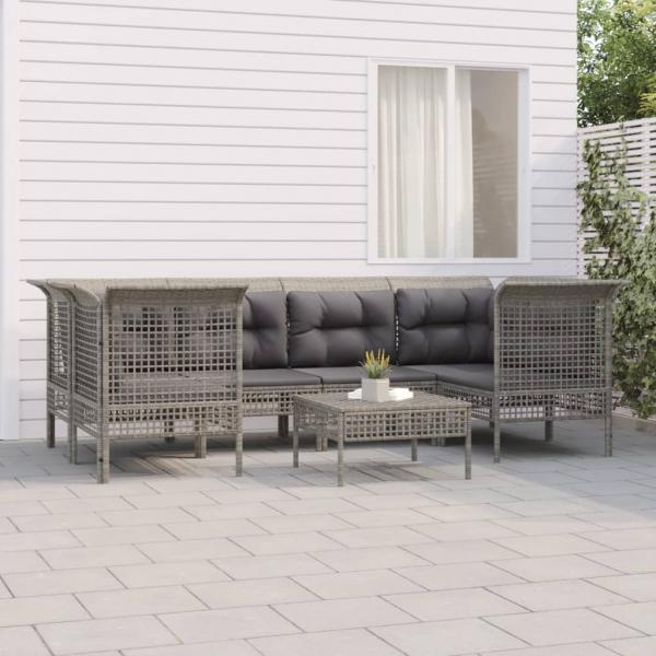 ARDEBO.de - 7-tlg. Garten-Lounge-Set mit Kissen Grau Poly Rattan