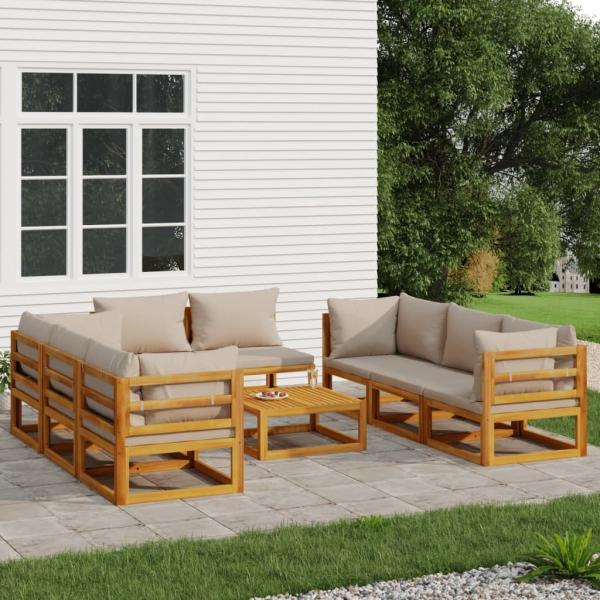 ARDEBO.de - 9-tlg. Garten-Lounge-Set mit Taupe Kissen Massivholz