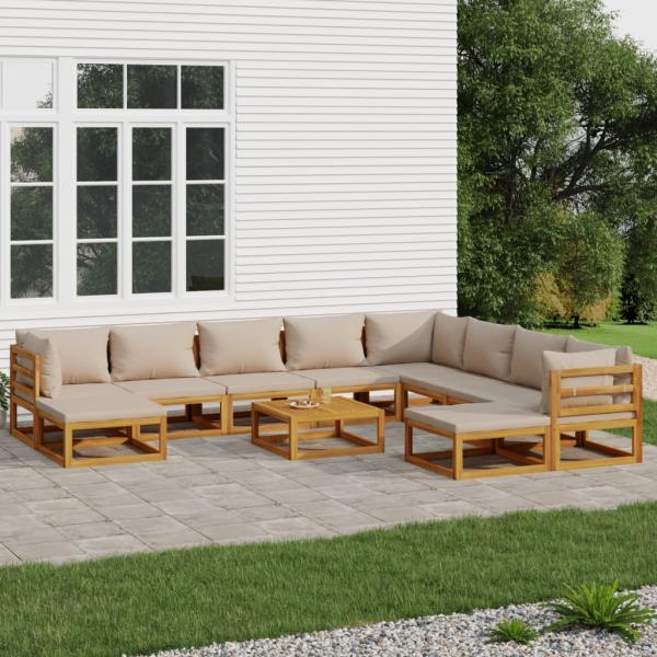 ARDEBO.de - 11-tlg. Garten-Lounge-Set mit Taupe Kissen Massivholz