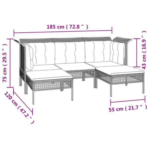 5-tlg. Garten-Lounge-Set mit Kissen Grau Poly Rattan