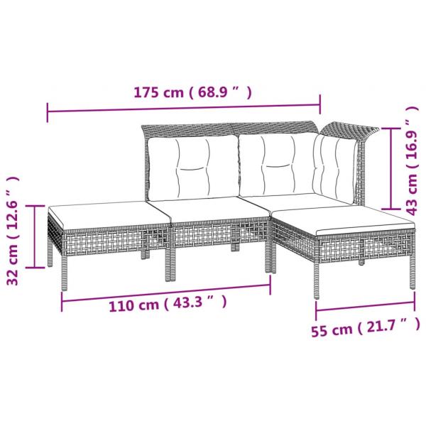 4-tlg. Garten-Lounge-Set mit Kissen Grau Poly Rattan